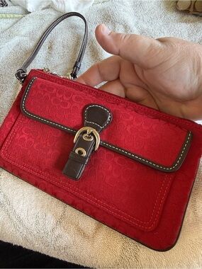 Coach Red Signature Canvas Wristlet with Brown Leather Trim and Gold Accent